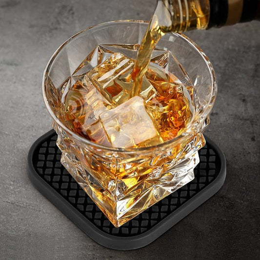 ME.FAN Silicone Coasters with Holder [6 Pack] Square Drink Cup Mat - Non-Slip, Non-stick, Stay Put, Deep Tray - Prevents Furniture and Tabletop Damages Deep Gray