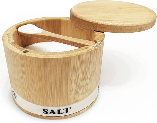 ThougrLyh Bamboo Salt Box - Magnetic Swivel Lid Salt Cellar with Spoon for Spices & Herbs