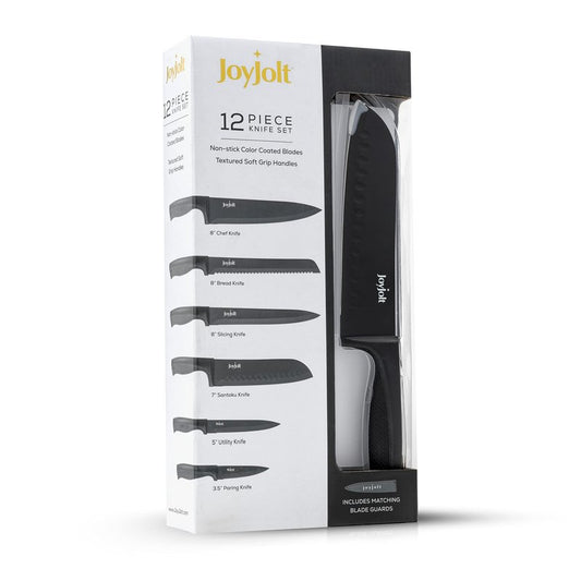 JoyJolt 12pc Kitchen Knives Set (Black). Chefs Knife Set with Sheath Covers. Chef, Butcher, Bread, Slicing, Santoku, Utility and Paring Home And Kitchen Knives Sets