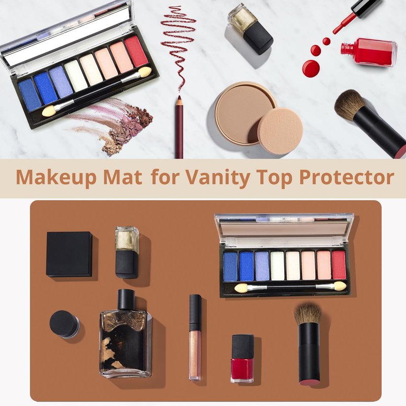 LovePads Makeup Mat for Vanity, 14 x 24 Dual-Sided Desk Pad & Vanity Cover Top, Waterproof PVC Protector Mat for Dresser, Nail Art, Craft Table (Brown+Beige)