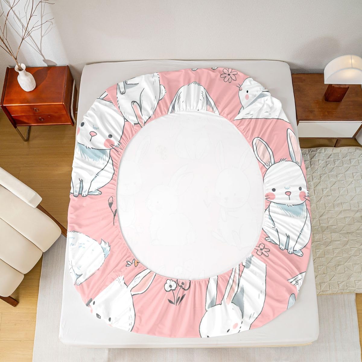 Erosebridal Cute Rabbit Sheet Set Cartoon Bunny Rabbit Pink Fitted Sheet Groovy Flowers Print Bed Sheets Easter Decor Flat Sheet for Kids Boys Girls King Size with 2 Pillowcases