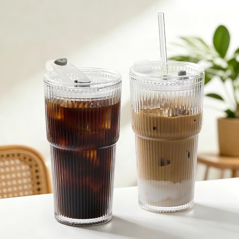 TUZAZO 20 Oz Ribbed Glass Tumblers with Lids and Straws - 4 Pack Reusable Glass Coffee Cups with Straws and Lids, Thicken Glass, Ideal for To Go Iced Coffee