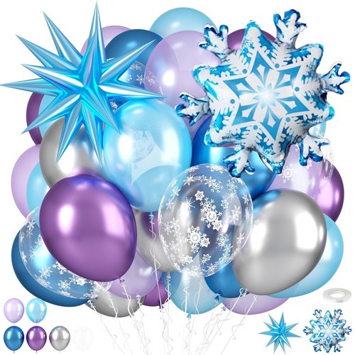 Frozen Balloons, Blue Silver Purple Clear Balloons with Snowflake Balloon for Winter Frozen Birthday Snow Party Baby Shower Wedding Backdrop Decorations