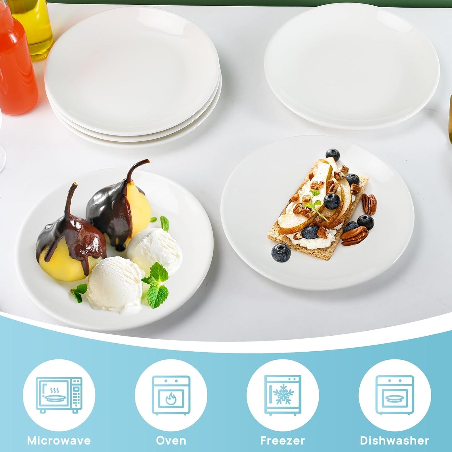 Skiennix 6-Piece Ceramic Dessert Plates Set - 7-Inch White Porcelain Salad & Appetizer Dishes | Microwave & Dishwasher Safe
