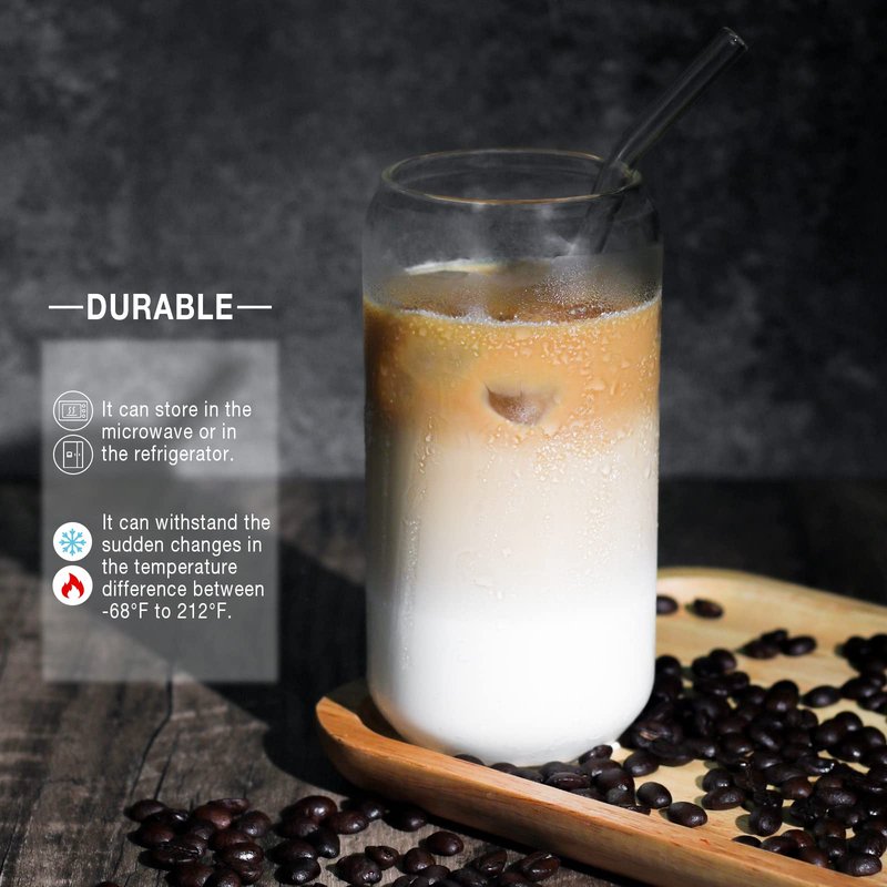 Kxuhivc 1 Pack Glass Cup, 16oz Drinking Glass with Bamboo Lid and Straw, Beer Tumbler for Mojito Soda Smoothies Whiskey Iced Coffee Cocktail Tea Juice
