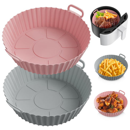 ME.FAN Air Fryer Silicone Liners for 4 to 7 QT [2 Pack] Reusable Air Fryer Basket with Handles & Holes Rose Pink + Light Grey