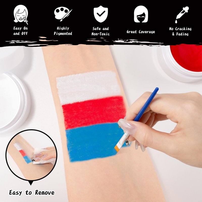 TonJin White Red Blue Face Body Paint Set 5.28oz,Non-Toxic Professional Facepaint Makeup Kit with 3 Brushes for 4th of July USA Independence Day Football Softball Players Clown Spiderman