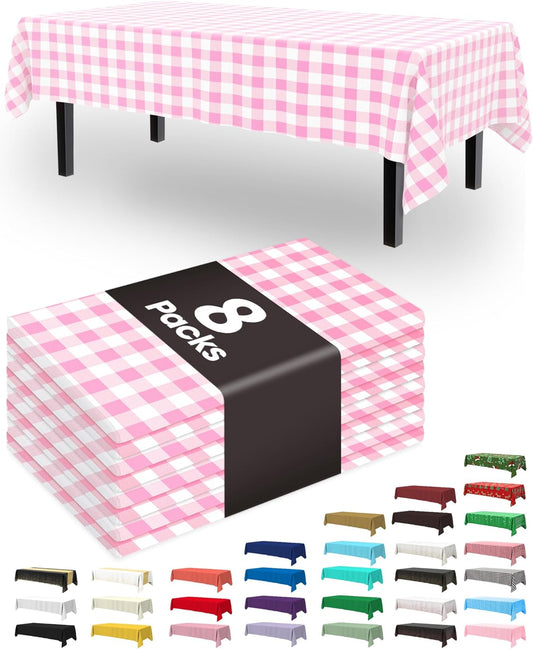 Pureegg Disposable Plastic Tablecloths - Sturdy 54 x 108 Inch Gingham Design, Pink & White Checkered, 8 Pack
