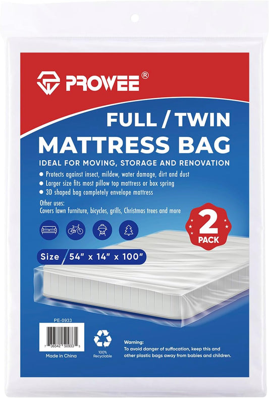 Skiennix Twin/Full Mattress Bags - Waterproof Plastic Covers for Moving & Storage | 2-Pack