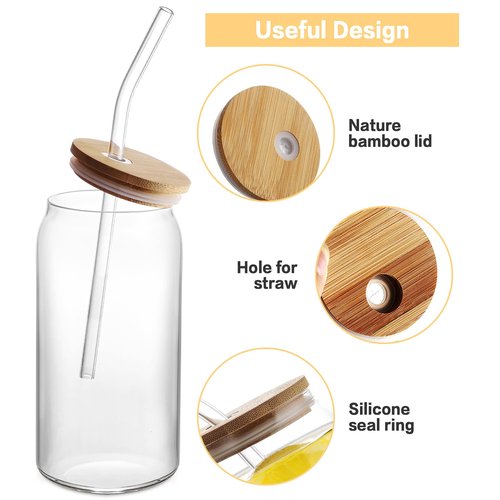 HOMBERKING Glass Cups with Bamboo Lids and Straws 8pcs Set, 20oz Cups, Beer Glasses, Iced Coffee Cups, Cute Tumbler with 2 Cleaning Brushes, Ideal for Cocktail, Whiskey, Tea, Gift