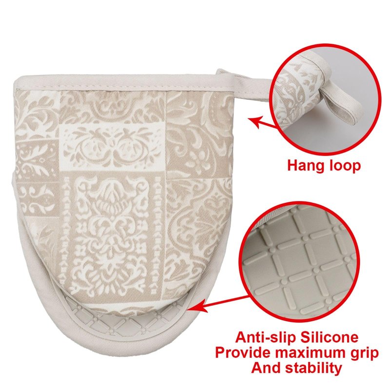Alselo Mini Silicone Oven Mitts, Heat and Slip Resistant Kitchen Mittens 2-Pack Set, Khaki Patchwork Flower Soft Short Oven Gloves, Flexible Thick Pot Holders for Safe Cooking Baking & Grill (Khaki)