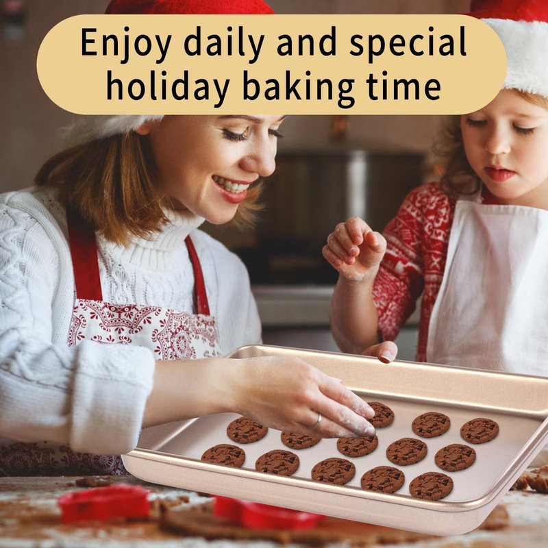 Barlket Small Cookie Sheet Pan 9x11 Inch, Nonstick Baking Tray 2-Pack, 0.8mm Thick Heavy Duty Carbon Steel, Gold – Oven Safe, Easy Clean, Bakeware Sets for Cookies, Roasting