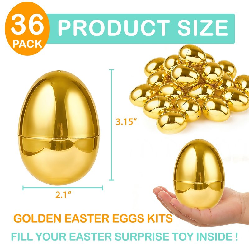AMENON 3.15" Golden Easter Eggs, 36PCS Fillable Plastic Eggs Empty Surprise Gold Eggshells with Hinge for Easter Hunt Easter Basket Stuffers Fillers Classroom Prize Supplies Filling Treats Party Favor