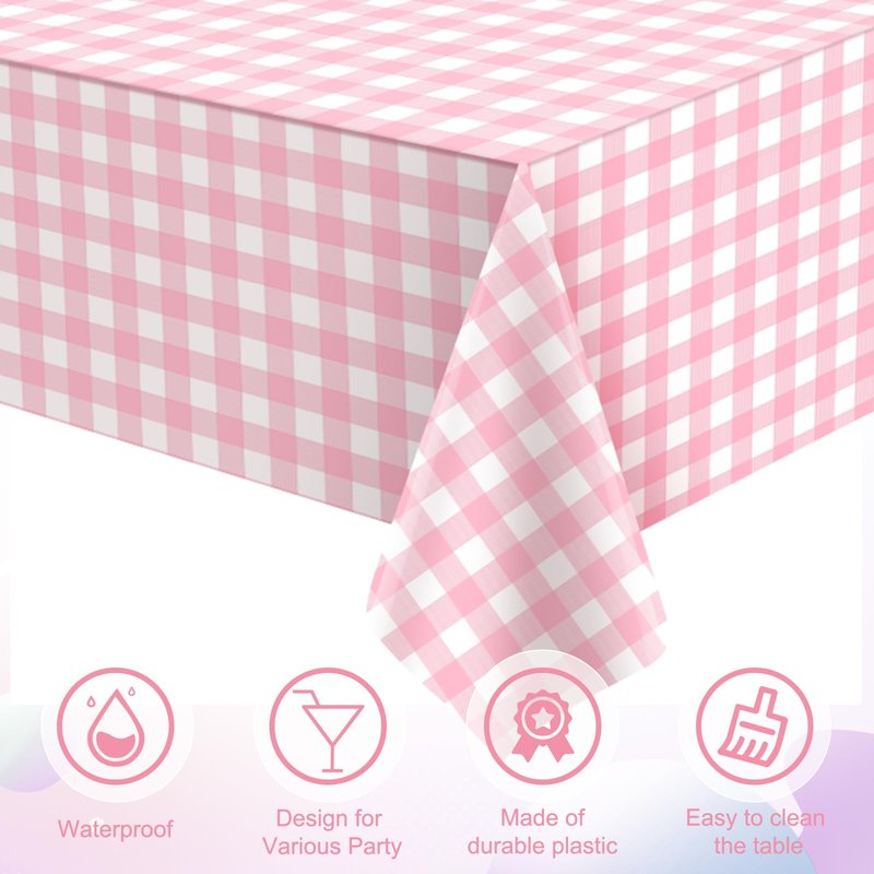 3 Pcs Pink and Whtie Gingham Tablecloth Decorations, Disposable Plastic Pink Checkered Tablecloth Buffalo Plaid Table Cover for Baby Shower Bridal Wedding Birthday Party Supplies,54 x 108 Inch