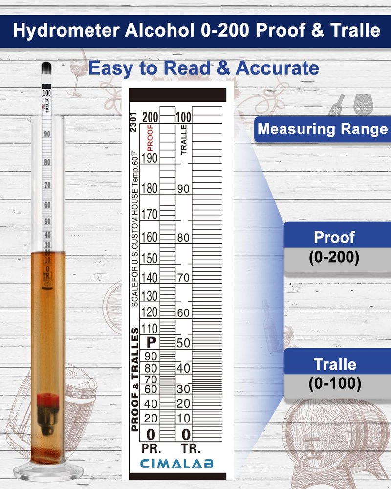 CIMALAB Hydrometer Alcohol Meter Kit, Hydrometer Alcohol 0-200 Proof & Tralle with Hydrometer Test Jar, Alcohol Proof Tester Hydrometer, Alcohol Tester for Liquor/Moonshine/Spirits/Proofing/Distilled