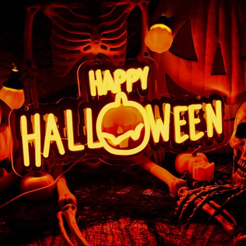 Happy Halloween Neon Sign, Black Orange Halloween Neon Light Up Sign with UV Print for Halloween Party Decoration, Dimmable Neon Halloween Led Sign for Wall Decor Trick or Treat Spooky Party Backdrop
