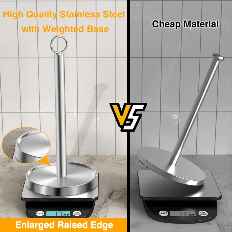 Paper Towel Holder Countertop, Stainless Steel, Weighted Base, Paper Towel Stand Holder for Kitchen Bathroom Farmhouse Essentials Decor Accessories, Silver