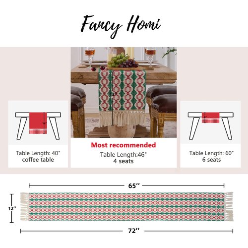 Fancy Homi Christmas Boho Cotton Polyester Table Runner 72 Inches Long, Farmhouse Macrame Table Runners with Tassels for Home Party Bohemian Rustic Bridal Shower Kitchen Dining Decor 12x72 Inches