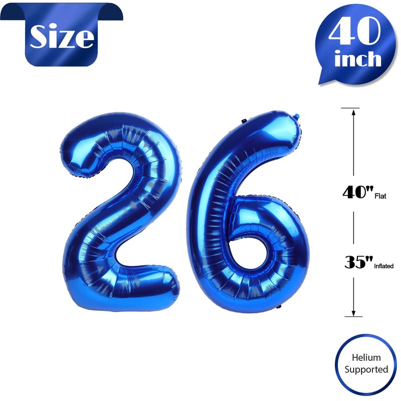 Navy Blue Number 26 Balloon 40 inch, 26 Number Balloons, 26th Navy Blue Birthday Decorations, 26 Year Old Women Men Blue Party Supplies
