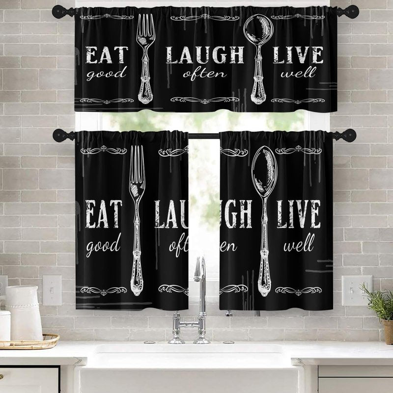 Tayney Black White Kitchen Window Curtains Valance and Tier Set 36 Inch Farmhouse Eat Good Laugh Often Live Well Rod Pocket Short Tier Curtain, Abstract Small Drapes for Kitchen Decor