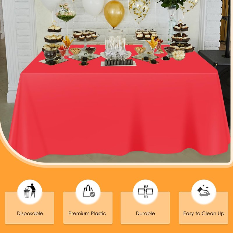 tujol Red Disposable Plastic Table Cloth Roll 54" X 100', Plastic Table Cover with Cutter Box, Cut to Size Disposable Tablecloth for Parties