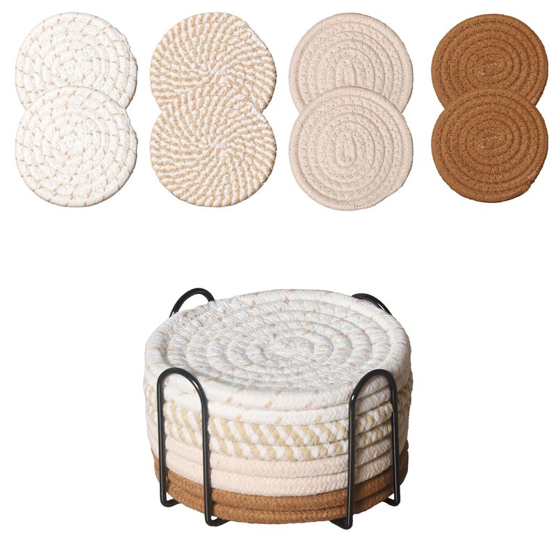 ZEXOLAP Drink Coasters Set of 8 with Holder – Cotton Woven Absorbent Coasters, 4 Colors for Coffee, Beer, Drinks & Tabletop Protection