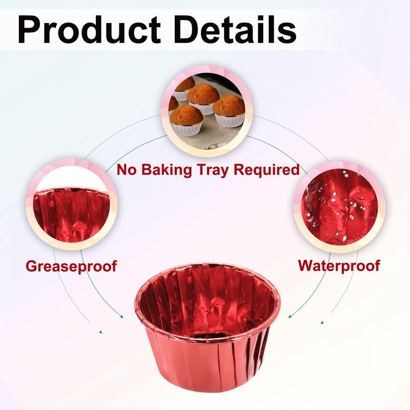 uxcell 50 Pcs Double-sided Aluminum Foil Cupcake Liners with Lids, Greaseproof Muffins Baking Cupcakes for Wedding Birthday Party Decoration, Red (Round)