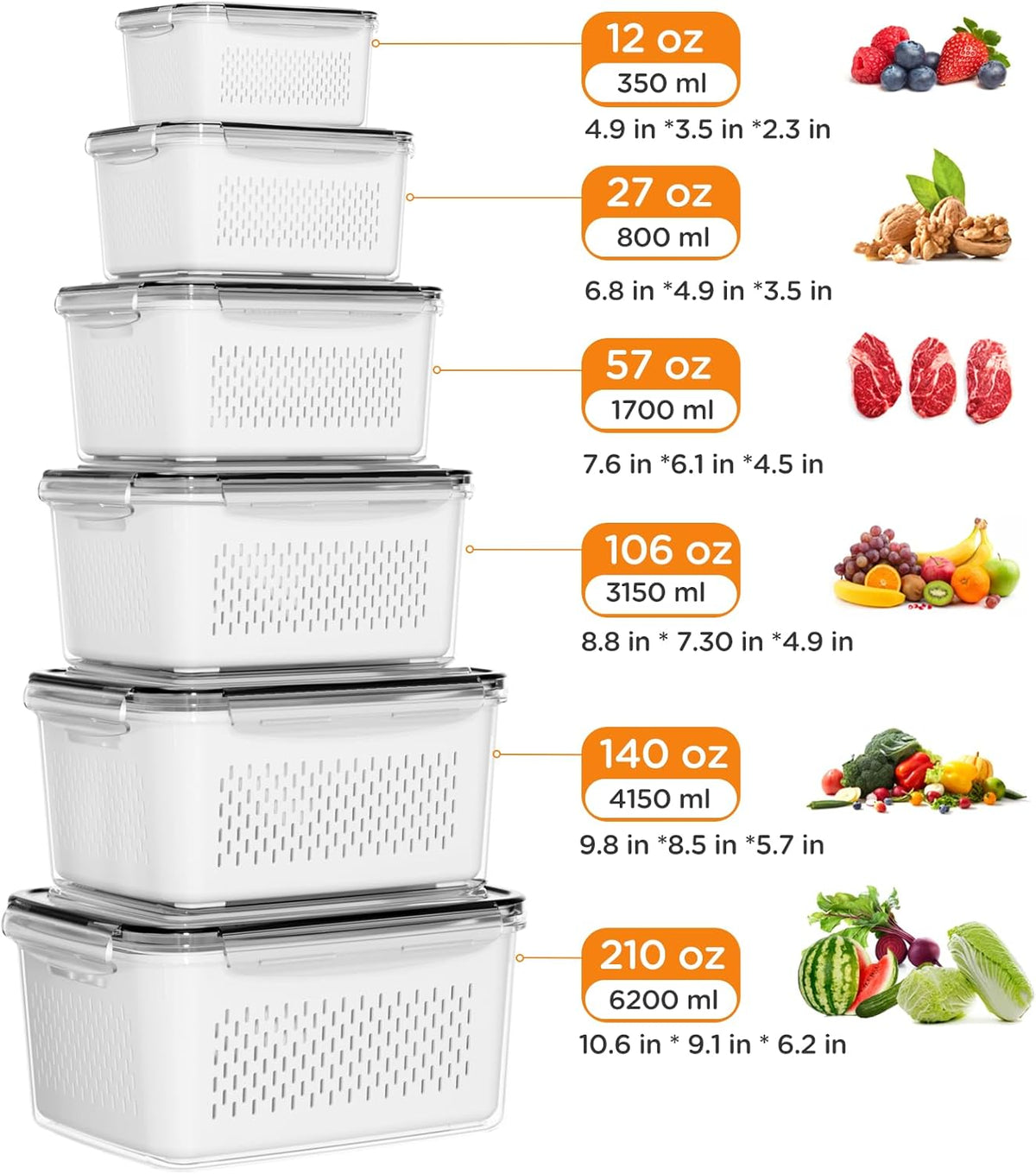 Skiennix 6-Piece Fruit Storage Containers - Leakproof Design with Removable Colanders for Fresh Produce