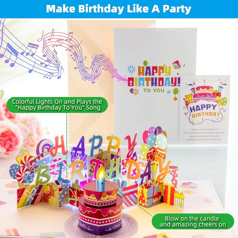 3D Pop Up Birthday Card with Music and Blowable LED Candle - Magic Blow-Out Greeting Card for Women, Men, Kids - Fits Any Age 1-100 Milestone Birthday Celebration Gifts Decorations for Women, Men, Mom, Wife, Husband, Boy, Girl