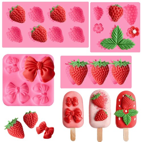 JOERSH 4PCS Strawberry Fondant Molds, Bow Fondant Silicone Molds, Fruit Baking Mold for Cake Decorating, Cupcake Topper, Chocolate, Candy, Candle, Clay