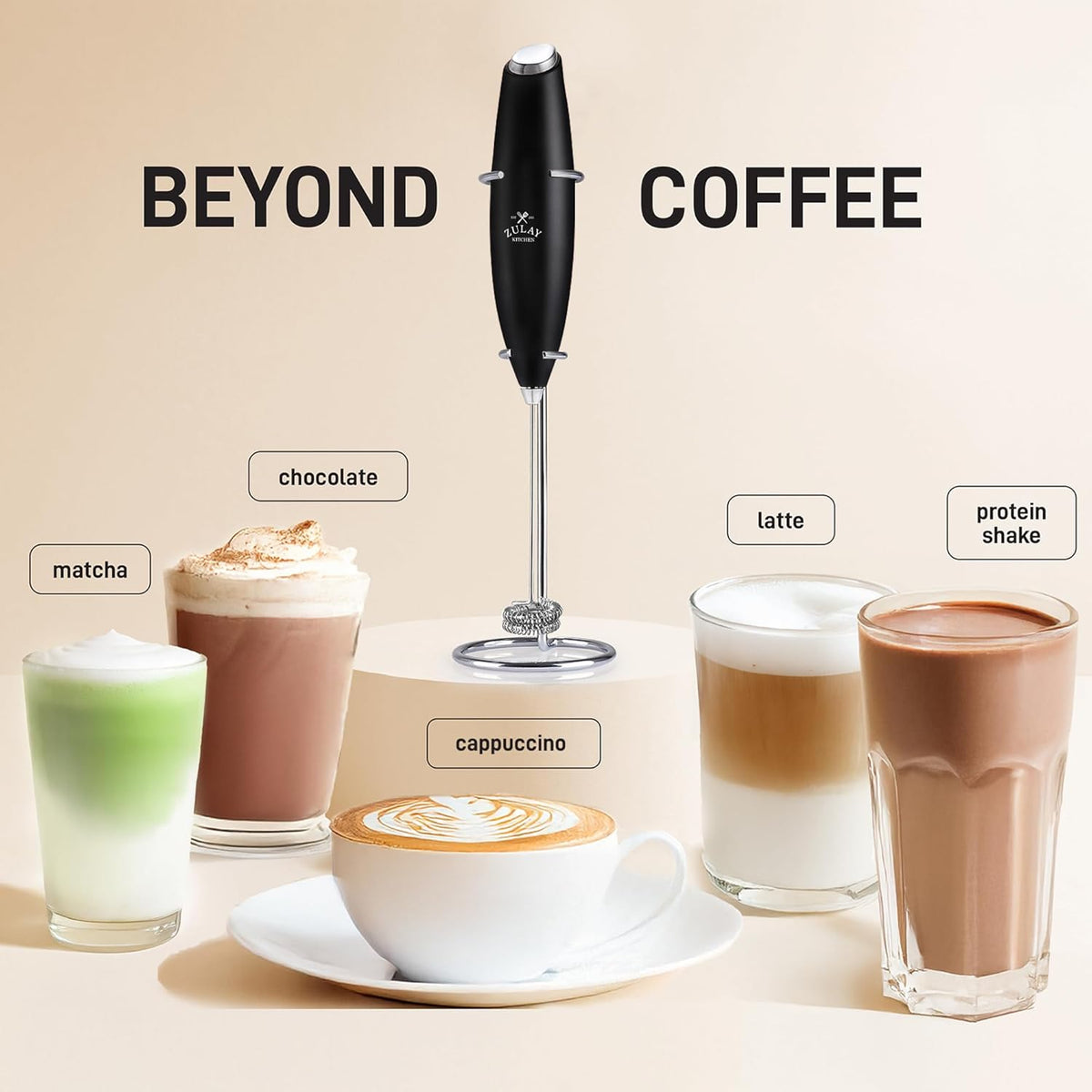 Zulay Kitchen Double Whisk Milk Frother - Powerful Handheld Foam Maker for Coffee, Lattes & More | Includes 2 Duracell Batteries