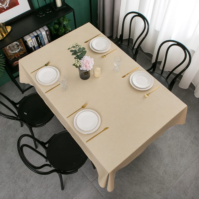 Pioggia Vinyl Tablecloth with Flannel Backing Rectangle Waterproof Oil-Proof Plastic Table Cloth Wipeable PVC Table Cover for Indoor and Outdoor (Beige, 60 x 102 Inch)