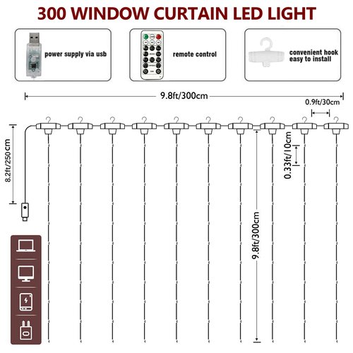 HOME LIGHTING Window Curtain String Lights, 300 LED 8 Lighting Modes Fairy Copper Light with Remote, USB Powered for Christmas Party Wedding Home Decorations (Warm White)