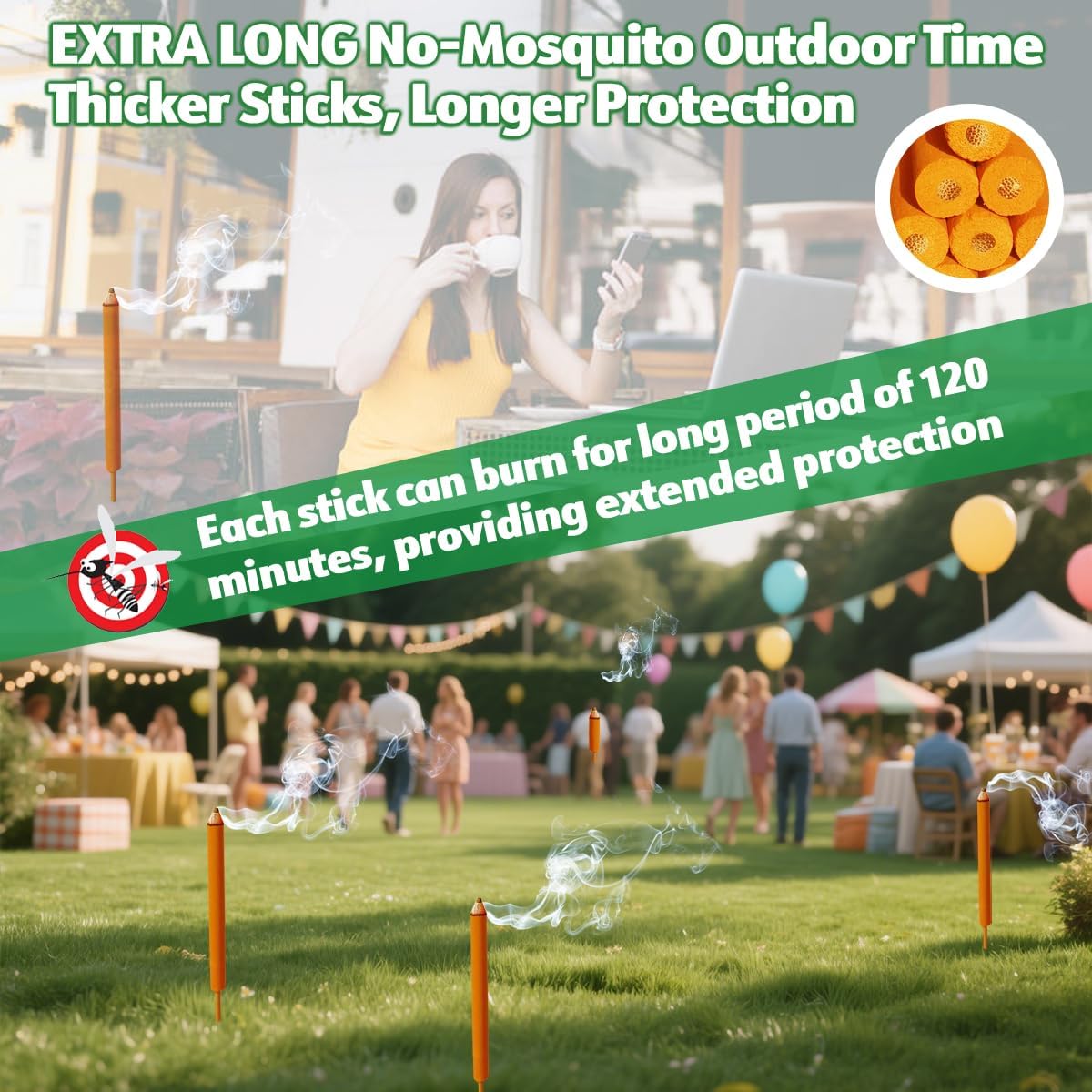 Skiennix Extra Large Mosquito Repellent Sticks - 24 Pack with Natural Citronella Oil | Long-Lasting 2-Hour Burn Time for Indoor & Outdoor Use