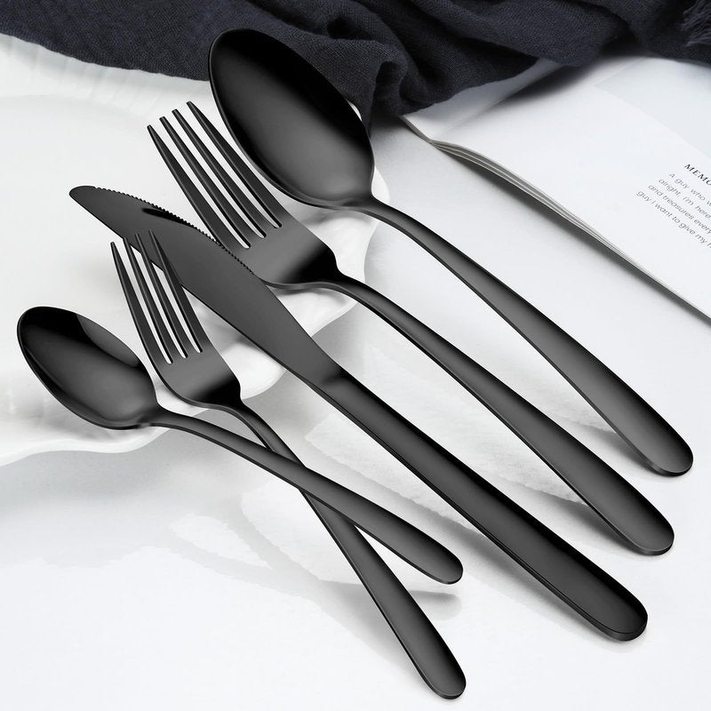 Hunnycook 60-Piece Black Silverware Set - Stainless Steel Silverware Set for 12, Includes Forks Spoons and Knives, Utensil Sets for Home Kitchen Restaurant, Dishwasher Safe