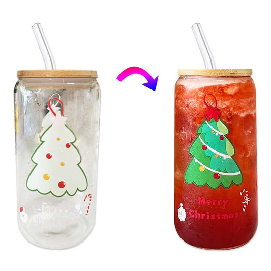 anabox Color Changing Glass Cups with Bamboo Lids and Straws, 16oz Glass Tumbler for Ice Coffee Milk Tea Juice Christmas Cups gift (Xmas 1PCS)