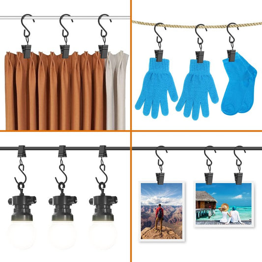 40 PCS Curtain Clips with S Hooks for Outdoor String Lights, Stainless Steel S Hooks with Clips for RV Awning and Gutter Lights (Black)