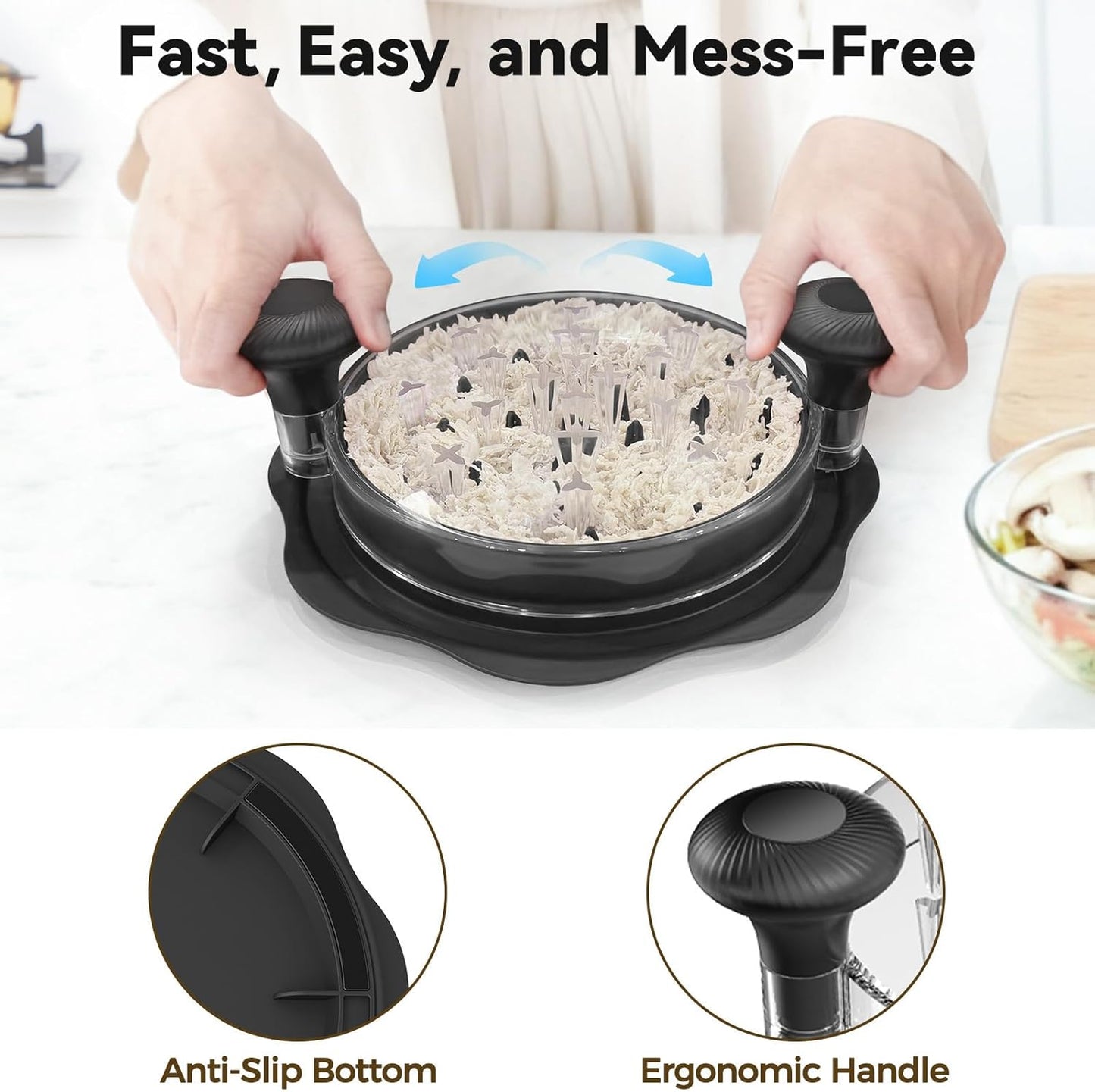 Ukeetap 10" Pro Chicken Shredder Tool - BPA-Free Meat Grinder with Ergonomic Handle & Anti-Slip Base, Black