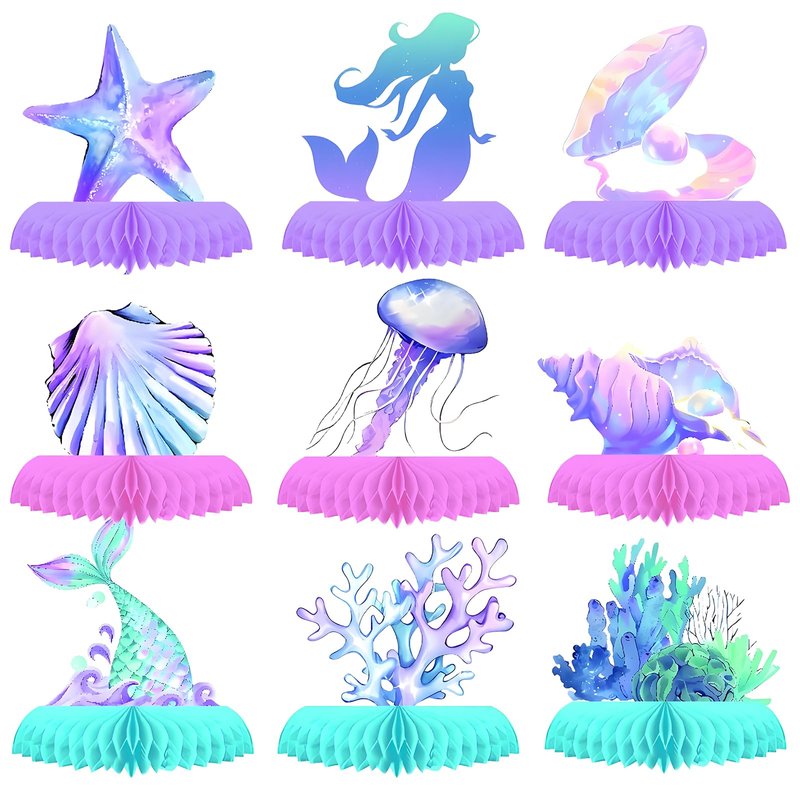 Oiuyamn 9 PCS Mermaid Theme Party Decorations, Ocean Mermaids Centerpieces for Tables Honeycomb Centerpiece, 3D Sea Party Supplies for Birthday Decor
