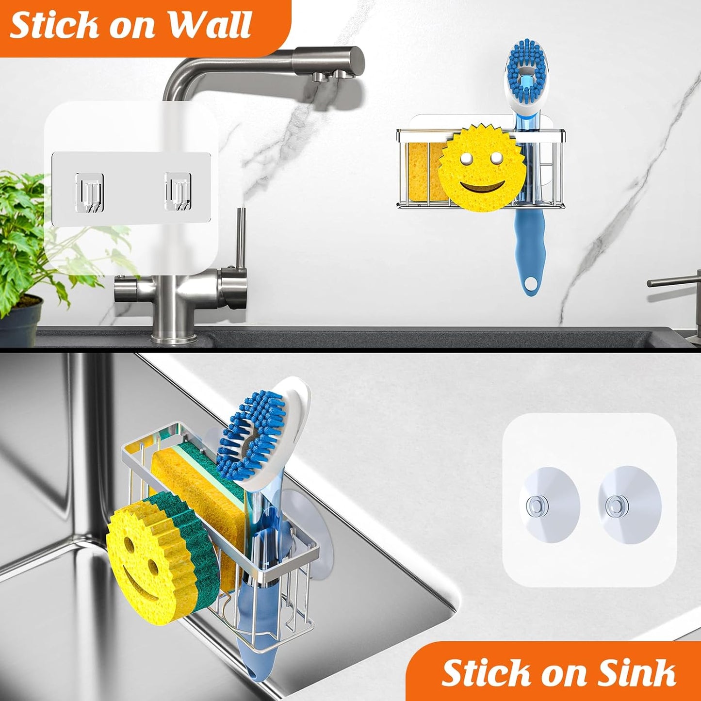 MURLONG Sponge Holder - Smiley Face Sink Caddy with 2 Suction Cups & Adhesive Strip | Silver