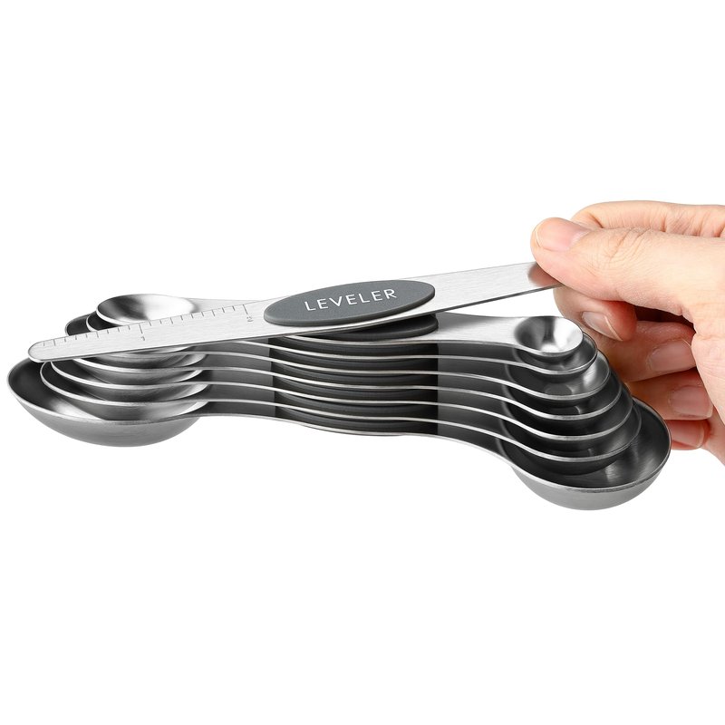 Spring Chef Stainless Steel Magnetic Measuring Spoons Set of 8 with Leveler, Dual Sided Metal Teaspoon & Tablespoon Measuring Spoons - Kitchen Gadgets For Baking and Cooking, Gray