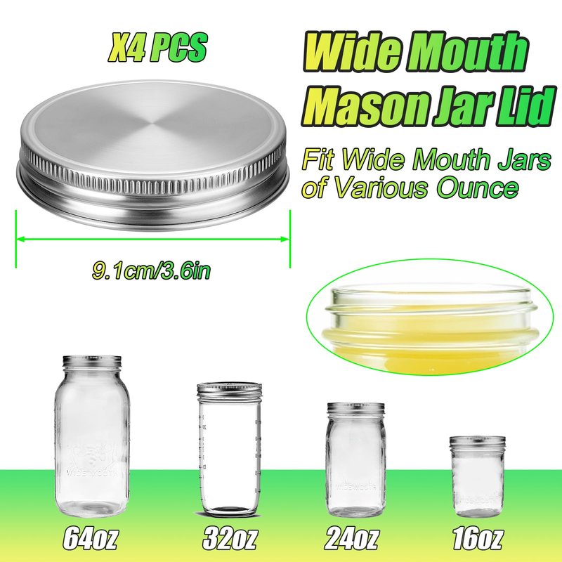 Palksky Mason Jar Lids Stainless Steel for Wide Mouth Mason Jar Lids, 4Pcs Rustproof Mason Jar Caps/Tops - Leakproof & Dishwasher Safe