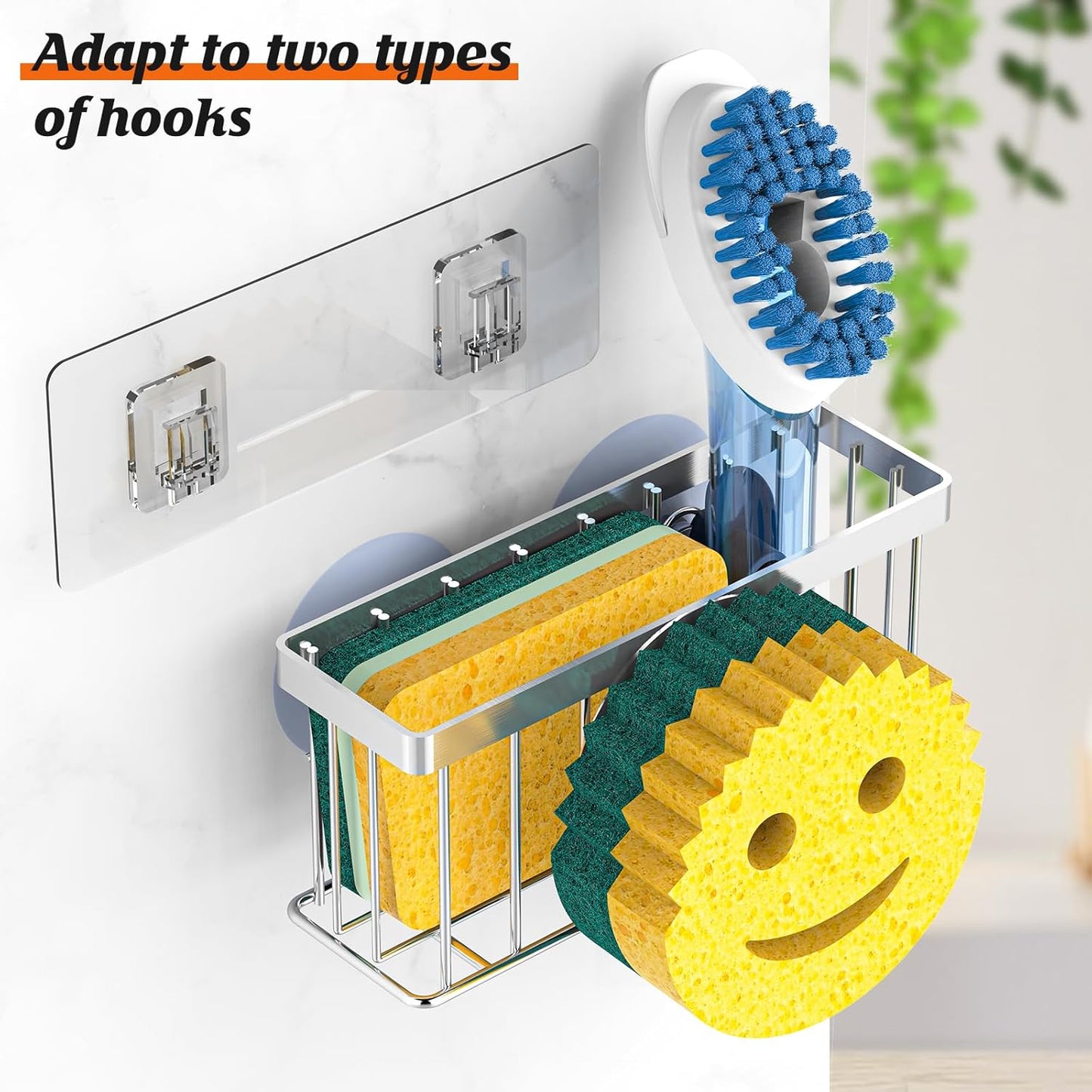 MURLONG Sponge Holder - Smiley Face Sink Caddy with 2 Suction Cups & Adhesive Strip | Silver