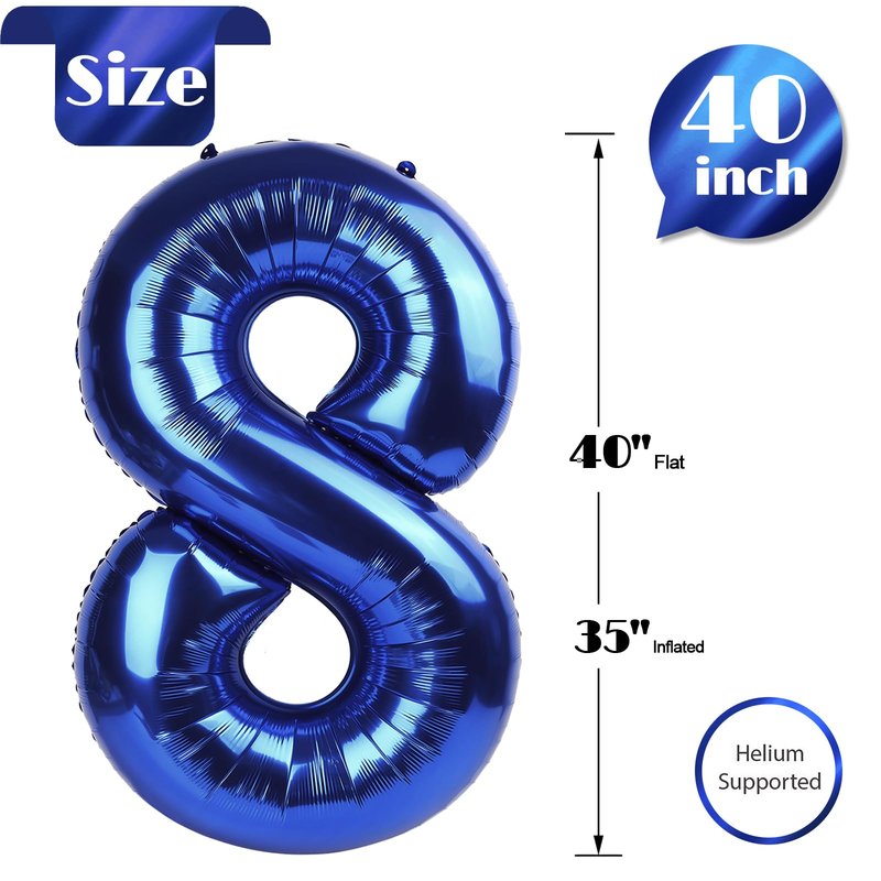 Night Blue Number 8 Balloon 40 Inch, 8th Birthday Party Decorations for Children, Giant 8 Foil Balloon for Party Supplies