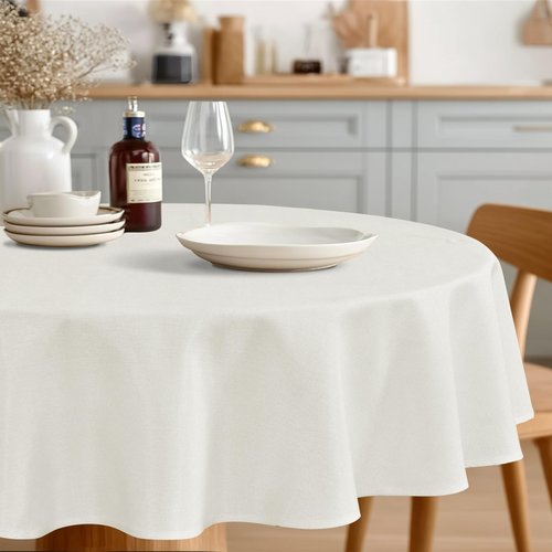 JIUZHEN Round Table Cloth Faux Linen Farmhouse Tablecloth Wrinkle and Stain Resistant Decorative Fabric Table Cover for Kitchen, Dining Room, Parties and Camping, White, 60 Inch Round