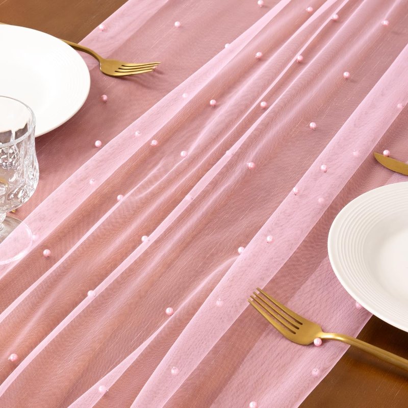 Socomi Pearl Table Runner Tulle Pink Summer Cheesecloth 10FT Gauze Cheese Cloth Sheer Chiffon Dining Wedding Birthday Party Baby Shower Bridal Engagement Anniversary Holiday Centerpiece Table Decor