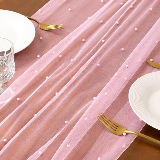 Socomi Pearl Table Runner Tulle Pink Summer Cheesecloth 10FT Gauze Cheese Cloth Sheer Chiffon Dining Wedding Birthday Party Baby Shower Bridal Engagement Anniversary Holiday Centerpiece Table Decor