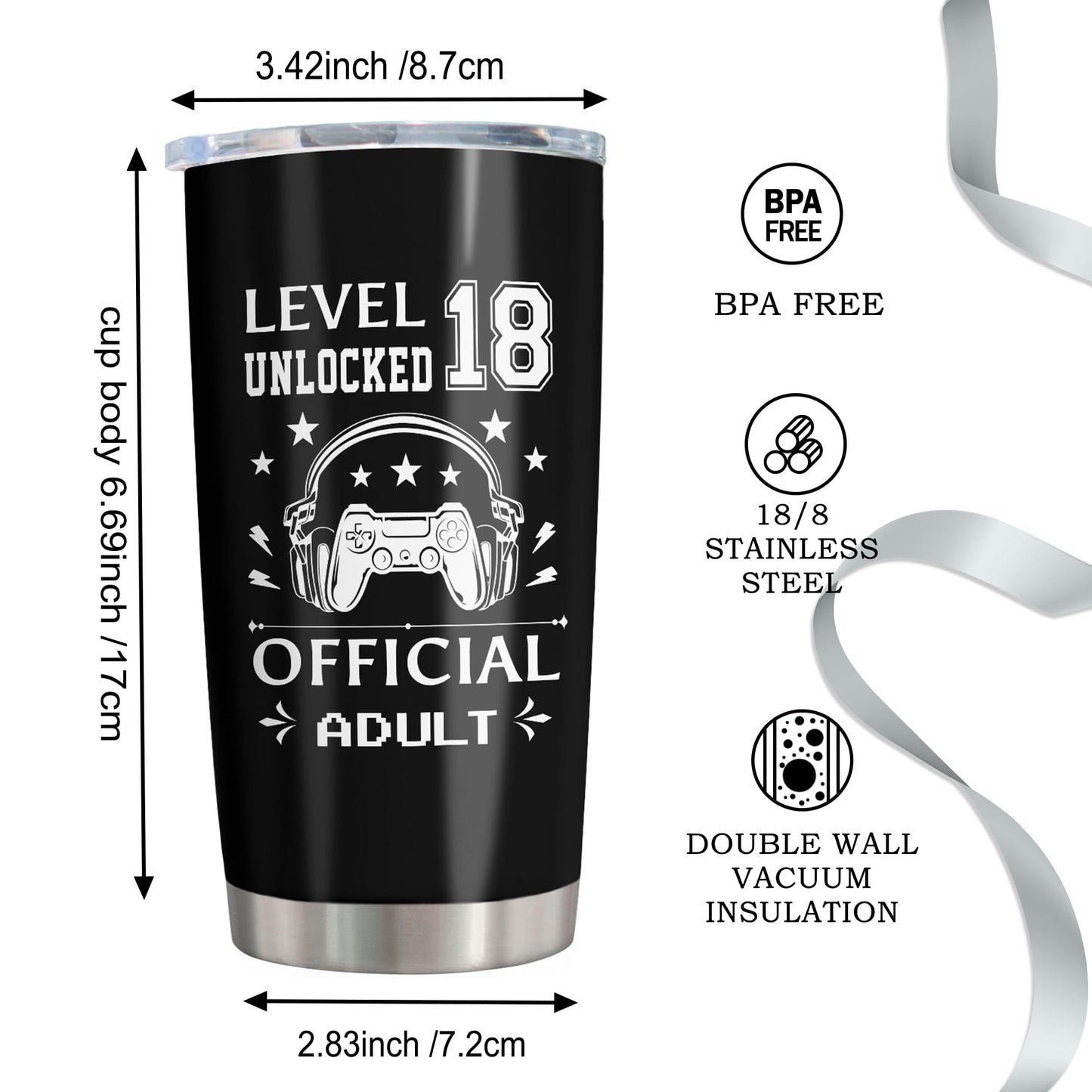Vuxoye 18th Birthday Gifts for Boys, 18th Birthday Decorations for Boys, 18 Year Old Boy Birthday Gifts, Gift for 18 Year Old Boy, 2007 Bday Present for him, Happy 18th Bday Tumbler 20oz 1PC
