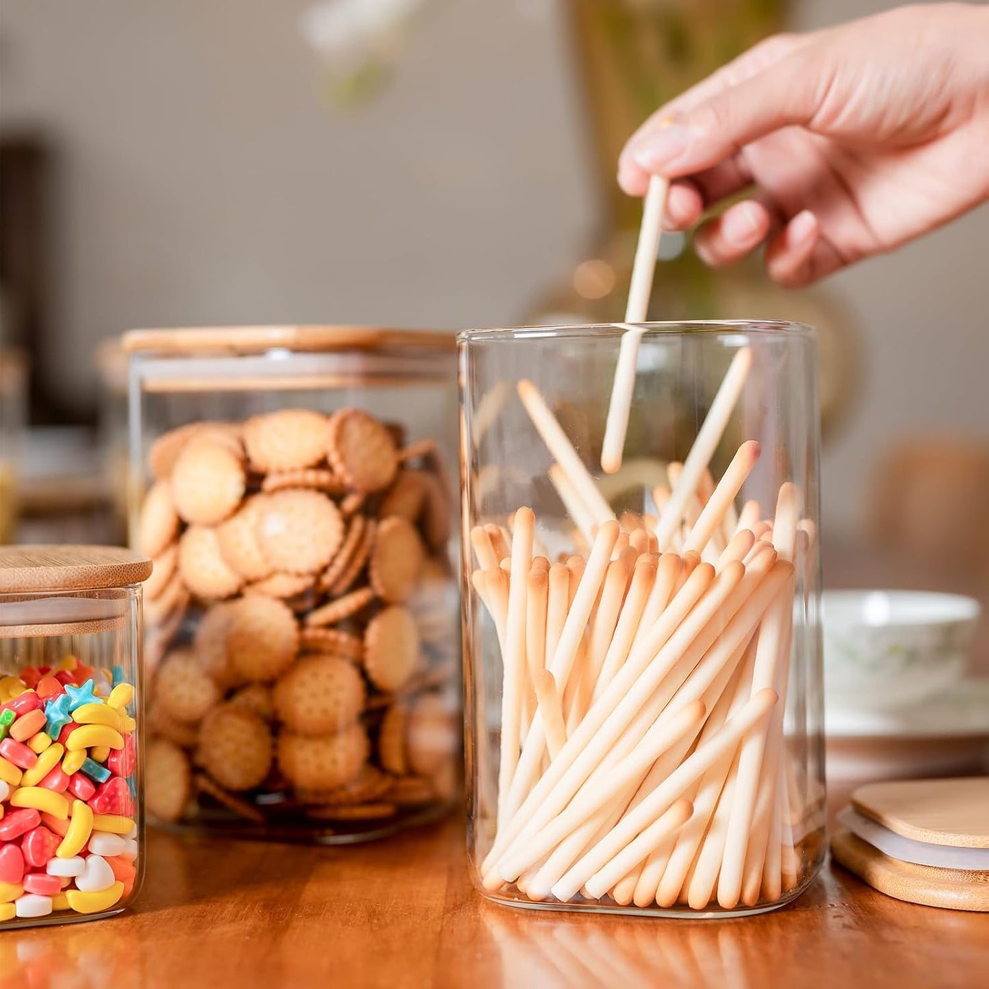 Skiennix Glass Food Storage Jars - 37 Oz Airtight Canisters with Bamboo Lids | Set of 6 for Tea, Coffee, and More