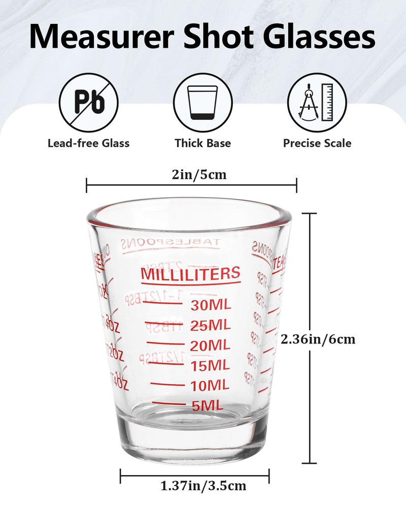 Shot Glasses Measuring Cup Set 4PACK Espresso Shot Glasses Liquid Heavy Glass 26-Incremental Measurement 1 OZ, 2 TBS, 6 TSP, 30 ML Kitchen Tools (RED&Black)